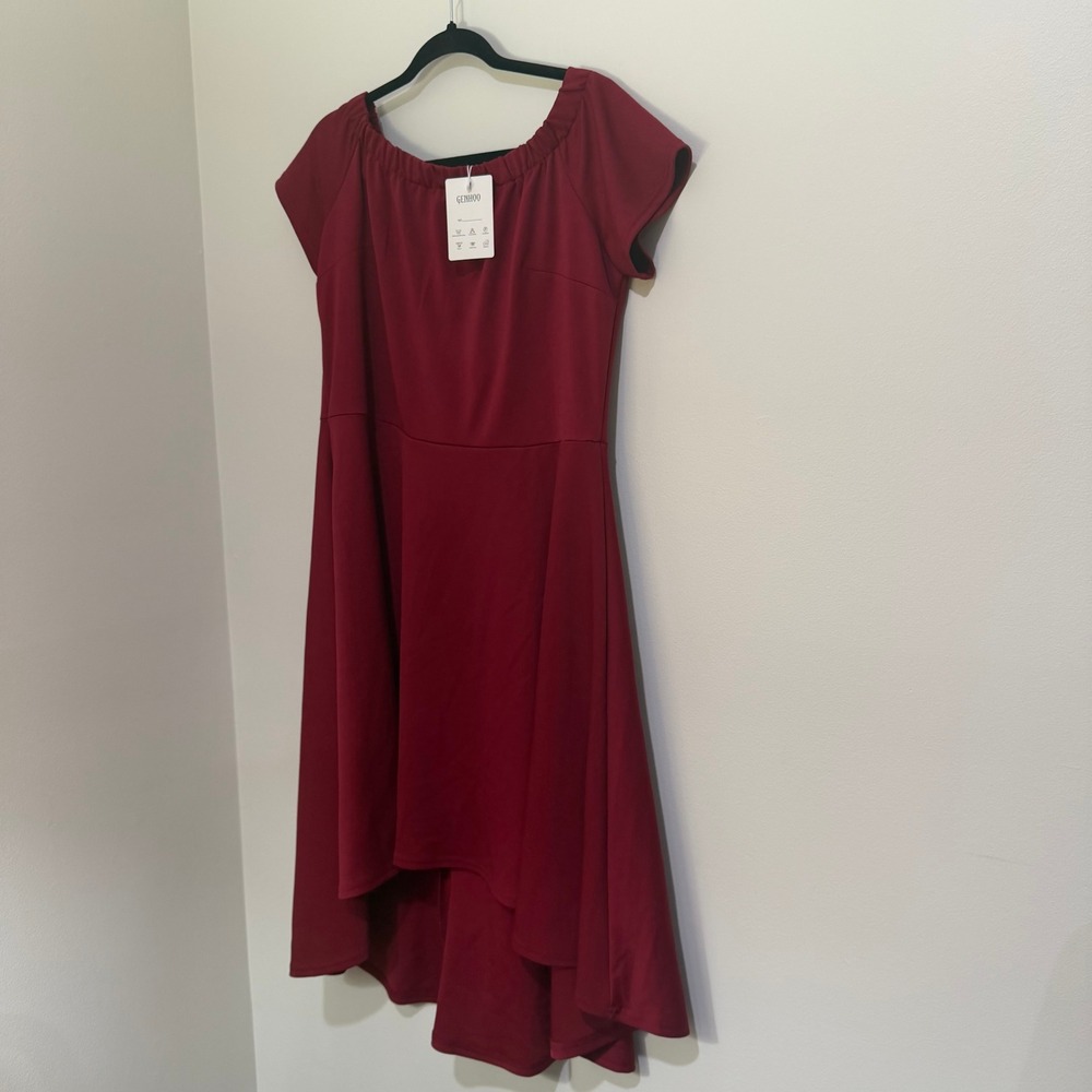 Burgundy Women Off Shoulder Sleeve High Low Skater Dress
